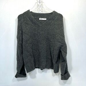 Zara Sweater Womens Small Gray V Neck Polyester Wool Chunky Knit Lagenlook Boxy